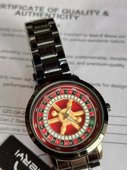 Heryi Roulette Wheel Design Watch – Unique Casino Style Dial with Black Metal Strap