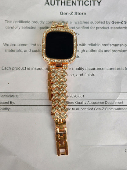 Crystal/Rhinestone Studded Rose Gold Bracelet + Square LED Bezel
