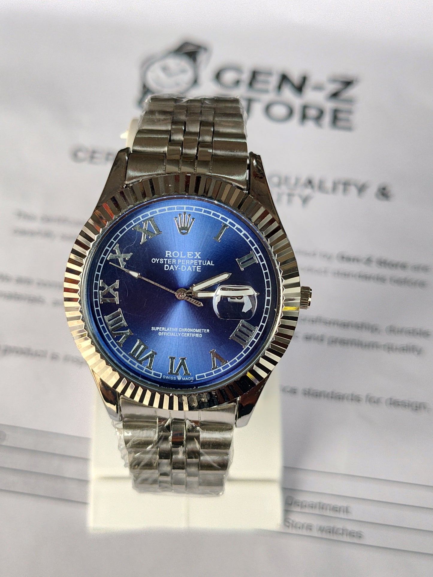 "ROLEX — Oyster Perpetual — Day-Date — Superlative Chronometer — Officially Certified — Swiss Made"